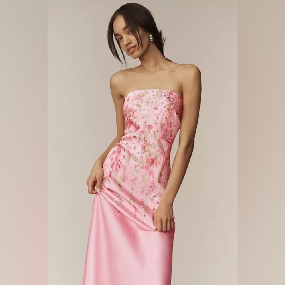 Anthropologie BHLDN Mia Strapless Satin Column Pink Gown Size Small